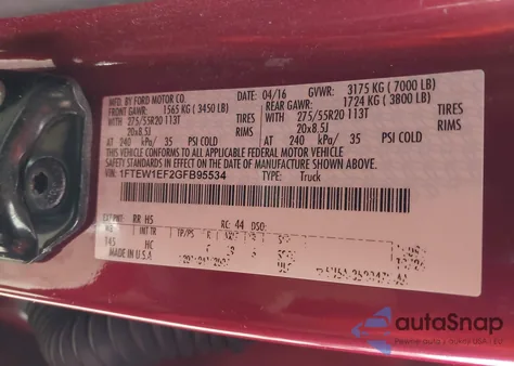 2016 Ford F-150 Lariat из США, поврежденный, VIN 1FTEW1EF2GFB95534